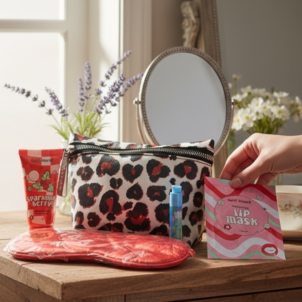 Brighton Leopard Print Cosmetic Bag w/ Sweet Shimmer Beauty Set